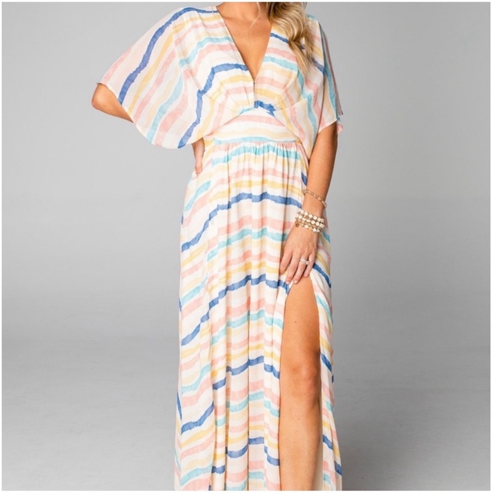 Buddy Love Evelyn-2 Striped V-Neck Maxi Dress Small Multi Color Boho Slit